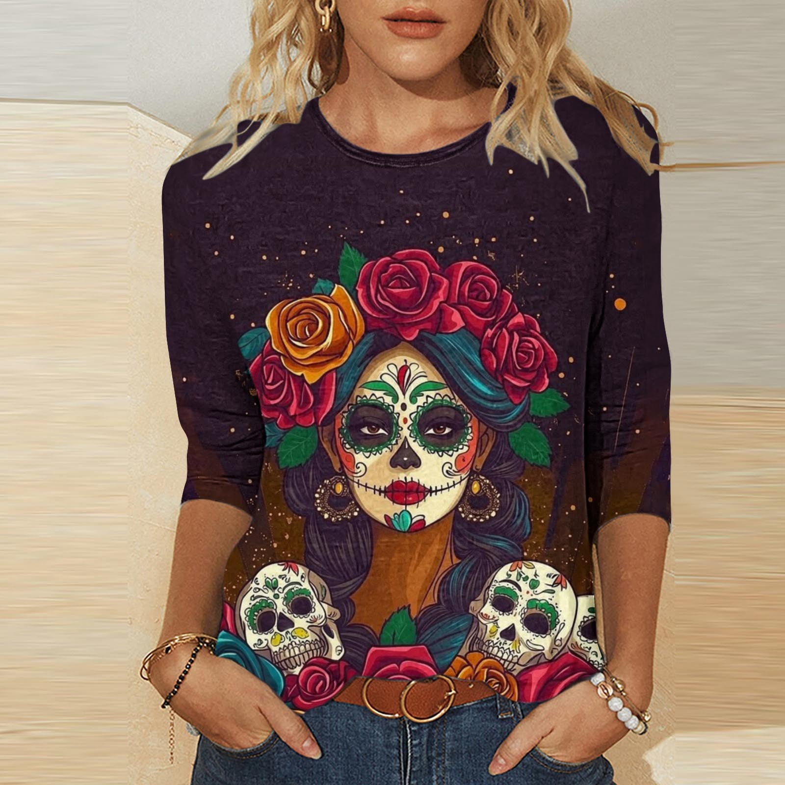 Women's Day of The Dead Print T-Shirt Crew Neck 3/4 Sleeve Loose Fit Mexican Skull Tee