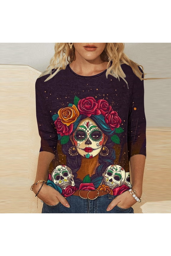Women's Day of The Dead Print T-Shirt Crew Neck 3/4 Sleeve Loose Fit Mexican Skull Tee