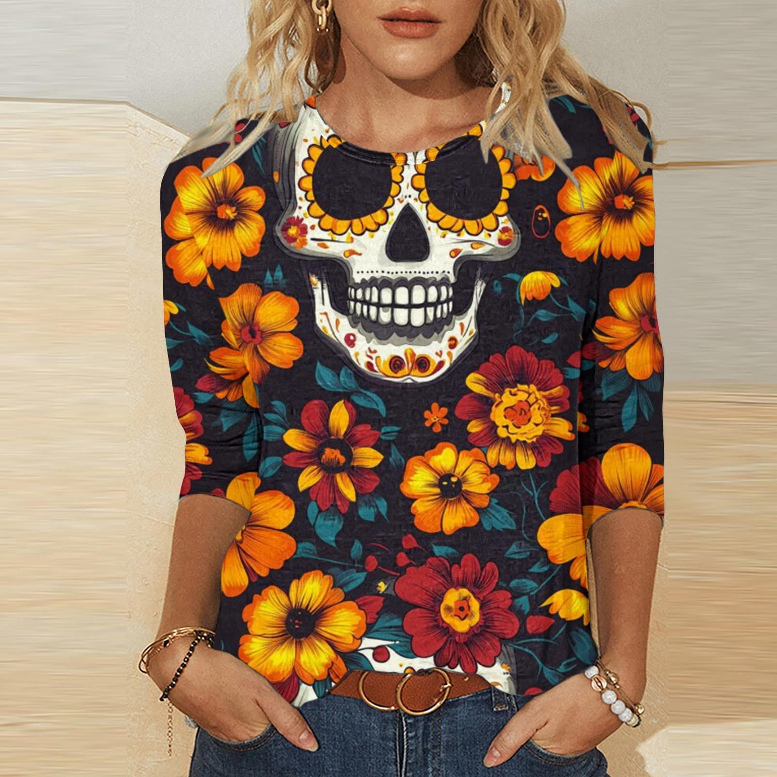 Women's Day of The Dead Print T-Shirt Crew Neck 3/4 Sleeve Loose Fit Mexican Skull Tee
