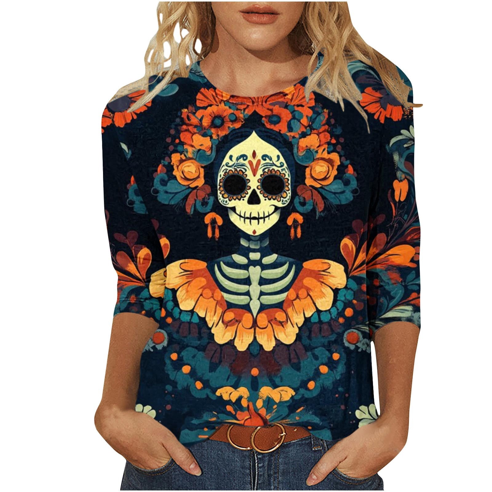 Women's Day of The Dead Print T-Shirt Crew Neck 3/4 Sleeve Loose Fit Mexican Skull Tee