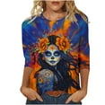 thumbnail image 1 of Women's Day of The Dead Print T-Shirt Crew Neck 3/4 Sleeve Loose Fit Mexican Skull Tee, 1 of 4