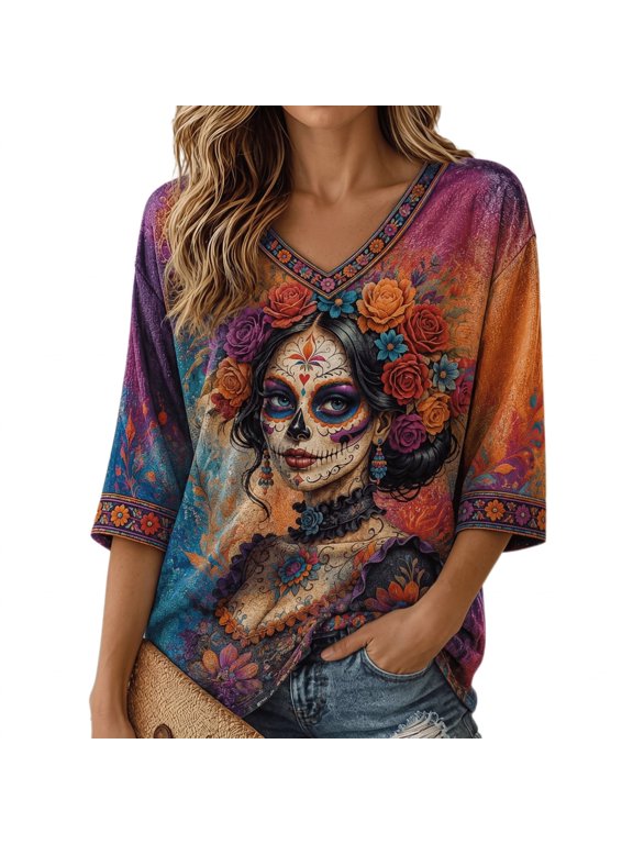 Women's Day of the Dead Shirt, Sugar Skull Floral Print V Neck 3/4 Sleeve Graphic T-Shirt Casual Mexican Style Top