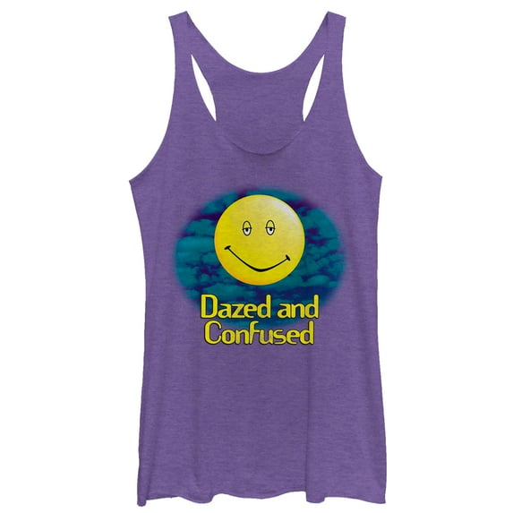 Women's Dazed and Confused Cloudy Big Smiley Logo Racerback Tank Top Purple Heather Small