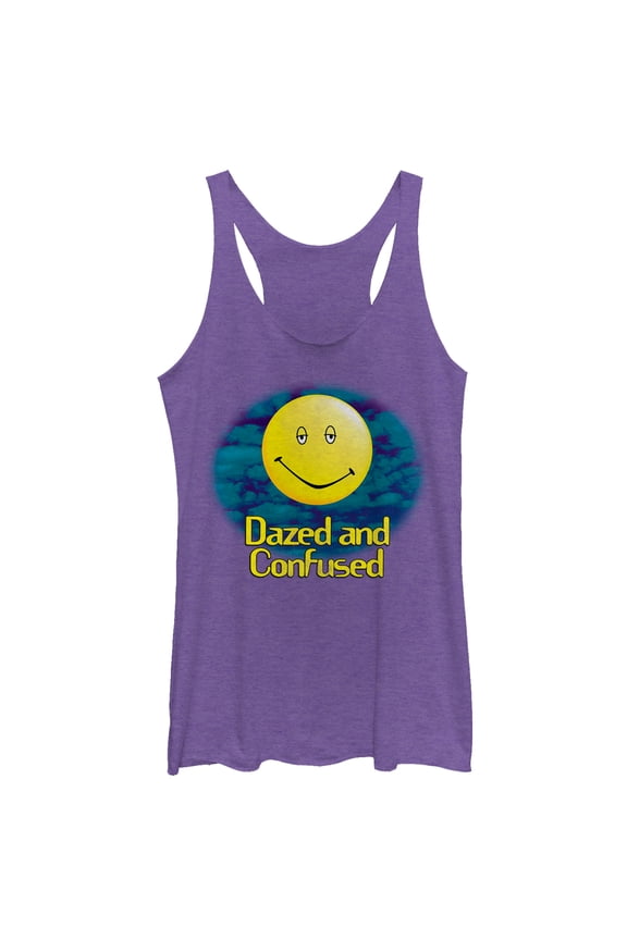 Women's Dazed and Confused Cloudy Big Smiley Logo Racerback Tank Top Purple Heather X Large
