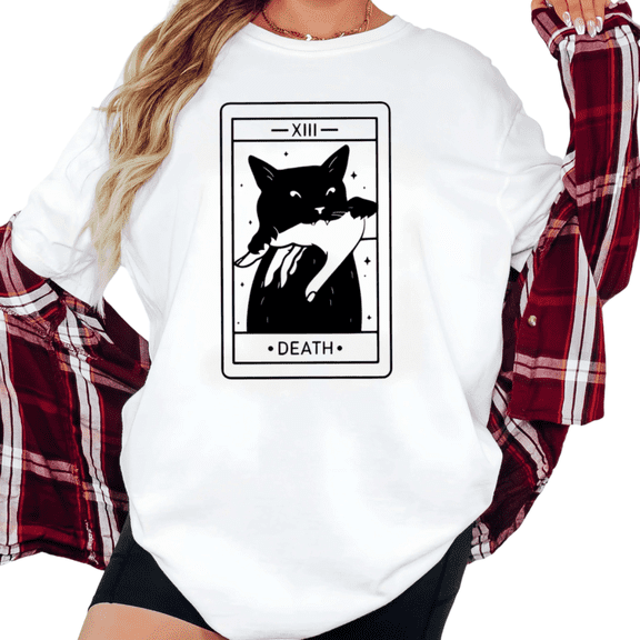 Women's Death Tarot Card Black Cat Funny Graphic Breathable T Shirt Casual Short Sleeve Round Neck Top White S-5XL