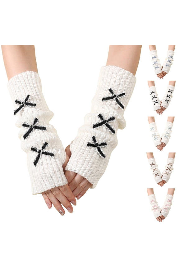 Women's Decorative Bow Fingerless Gloves Soft Knitted Wrist Warm Half Finger Mittens for Cold Weather