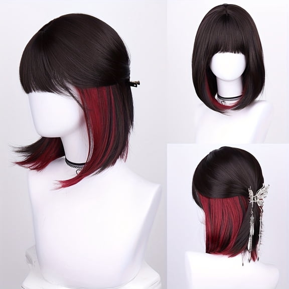 Women's Deep Black to Blue-Green Gradient Bob Wig - 16-inch Natural Short Straight Hair with Bangs, High-Density (150%) Synthetic Hair, Secured with Rosette Net Cap, Suitable for Cosplay, Parties, Ev