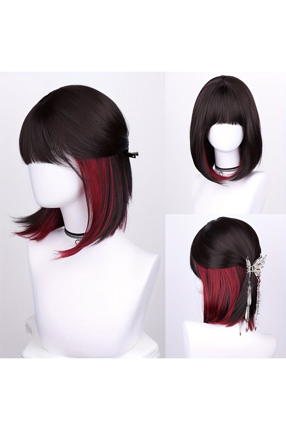 Women's Deep Black to Blue-Green Gradient Bob Wig - 16-inch Natural Short Straight Hair with Bangs, High-Density (150%) Synthetic Hair, Secured with Rosette Net Cap, Suitable for Cosplay, Parties, Ev