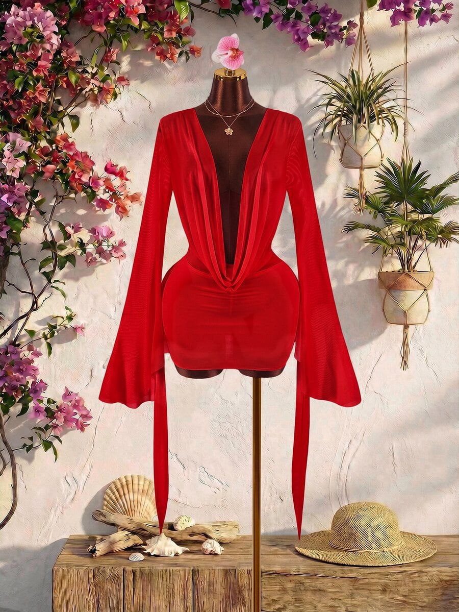 Women's Deep V Draped Bodycon Mini Dress, Sheer Flare Long Sleeve Slim ...