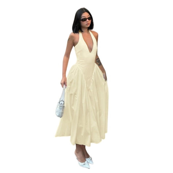 Women's Deep V Halter Maxi Dress, Solid Cutout Flowy Backless Summer Dress