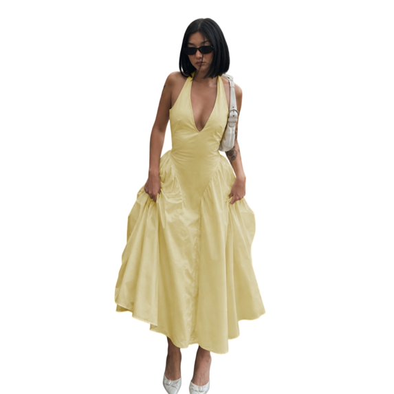 Women's Deep V Halter Maxi Dress, Solid Cutout Flowy Backless Summer Dress