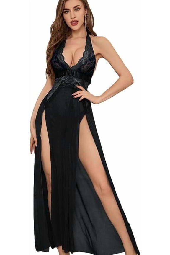 Women’s Deep V Long Dress Halter Sexy Lace Dress Mesh Perspective Sheer Dresses Fancy Club High Split Dress Skirt
