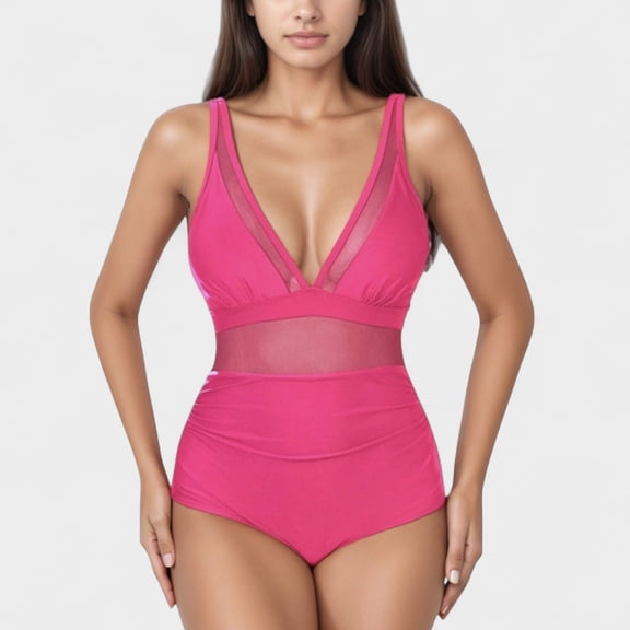 Women's Deep V Mesh Panel One Piece Swimsuit with Sheer Waist Detail and Adjustable Straps - Small, Pink