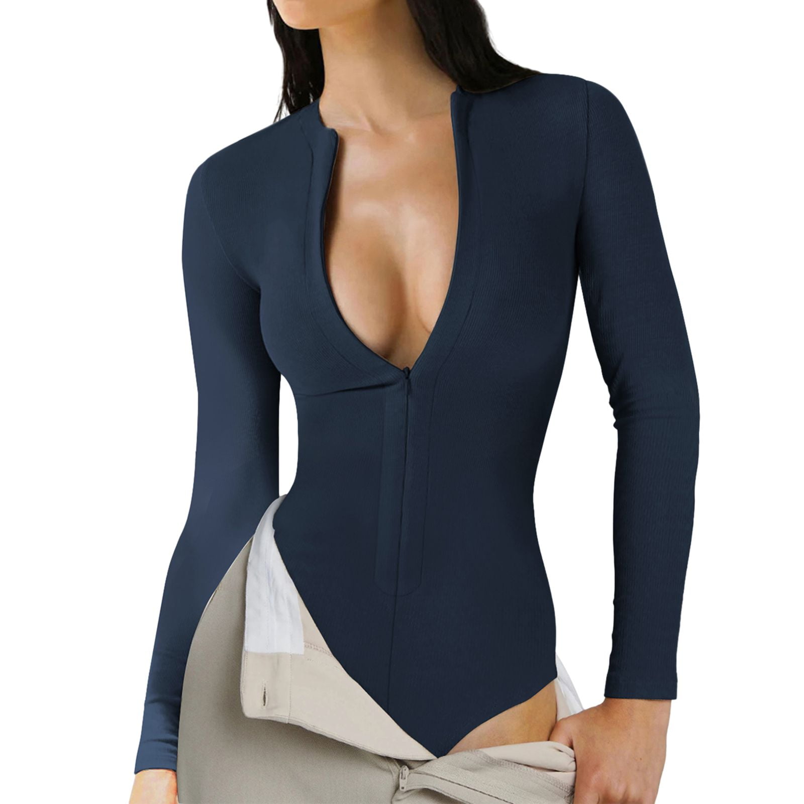 Koolee Sexy Zipper Deep V Neck Long Sleeve Slim Waist Dress for Women Casual Style Party Wear Evening Dresses Star Glitter Blue MOYIKO Mock Turtle Neck Zip Up Long Sleeve Bodysuit Deep V Sexy