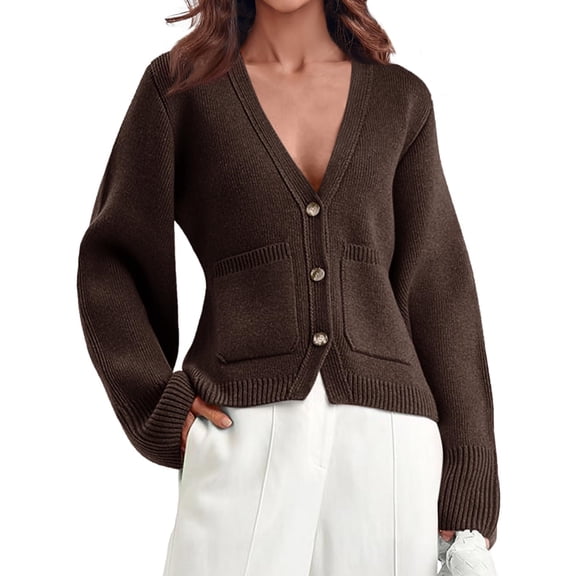 Women's Deep V Neck Cardigan Sweater Button Front Long Sleeve Short Knitted Jacket with Pockets