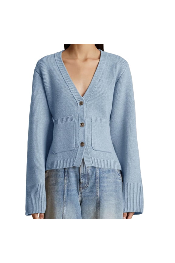 Women's Deep V Neck Cardigan Sweater Button Front Long Sleeve Short Knitted Jacket with Pockets