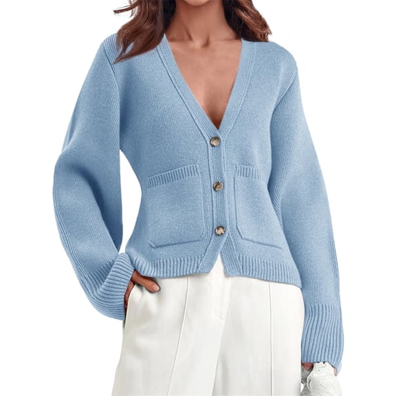 Women's Deep V Neck Cardigan Sweater Button Front Long Sleeve Short Knitted Jacket with Pockets