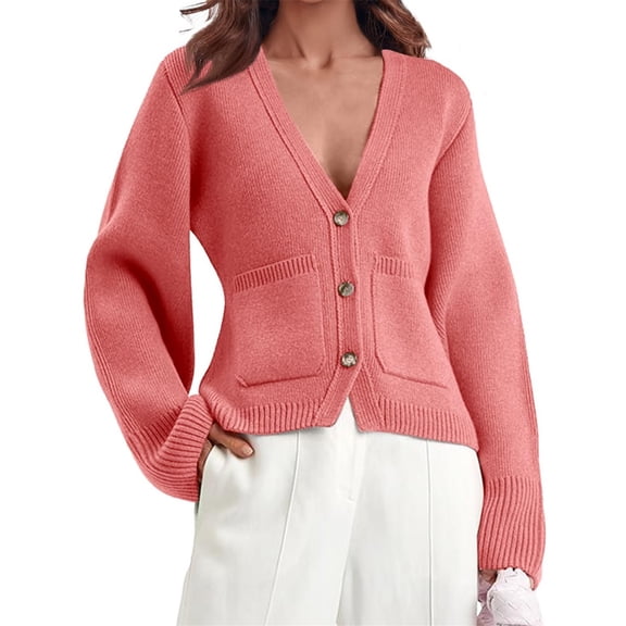 Women's Deep V Neck Cardigan Sweater Button Front Long Sleeve Short Knitted Jacket with Pockets
