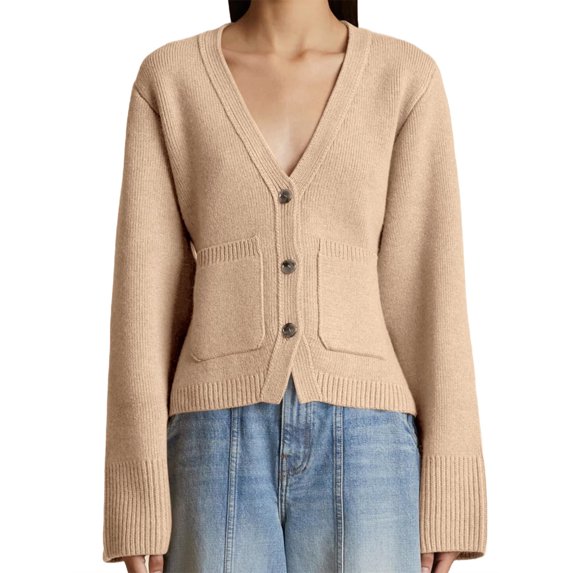 Women's Deep V Neck Cardigan Sweater Button Front Long Sleeve Short Knitted Jacket with Pockets