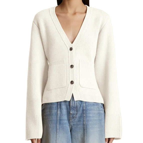 Women's Deep V Neck Cardigan Sweater Button Front Long Sleeve Short Knitted Jacket with Pockets