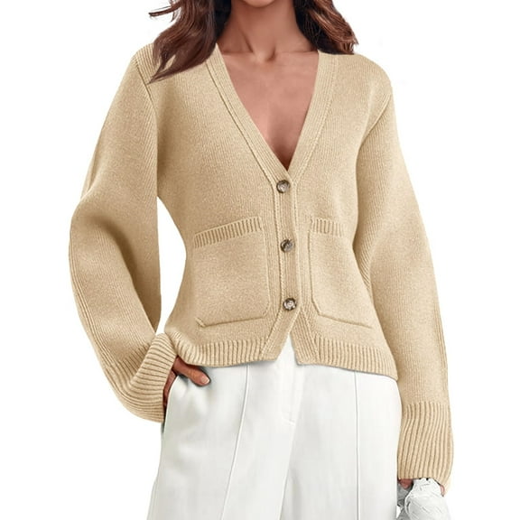 Women's Deep V Neck Cardigan Sweater Button Front Long Sleeve Short Knitted Jacket with Pockets
