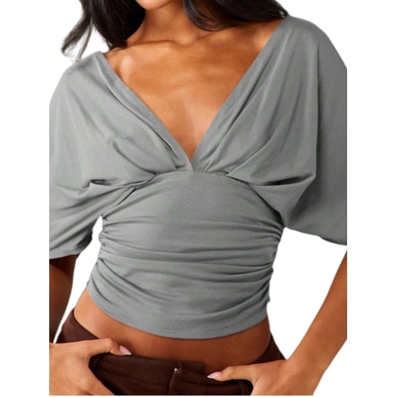 Women's Deep V Neck Crop Top Short Sleeve Fitted Casual Blouse Going Out Shirts Gray XL