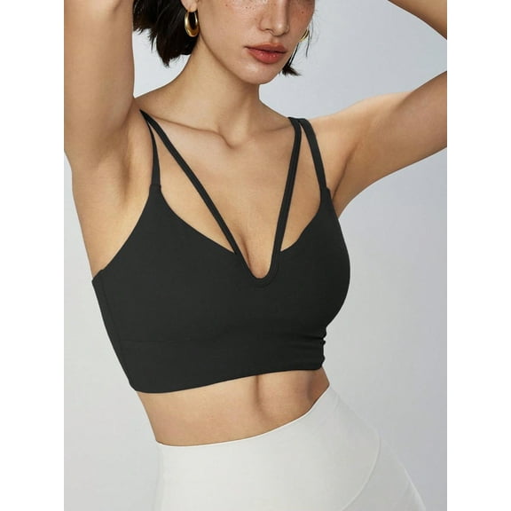 Women's Deep V-Neck Double Strap Bralette with Supportive Underband and Minimalist Design- Large, Black