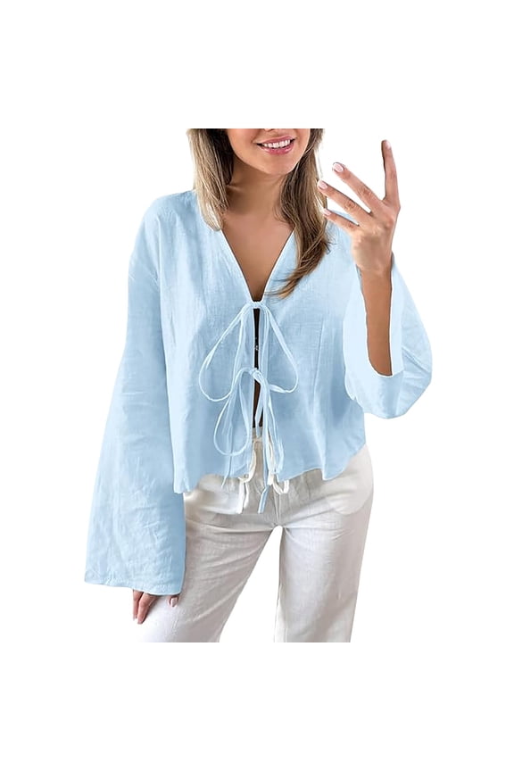 Women's Deep V-Neck Flutter Sleeve Blouse - Loose Fit Casual Top Flowey Silhouette | Feminine Strap Detail | Yubnlvae (Light blue | M)