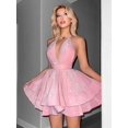thumbnail image 1 of Women's Deep V-Neck Halter Mini Dress, Backless Fit-and-Flare Party and Cocktail Style, 1 of 5