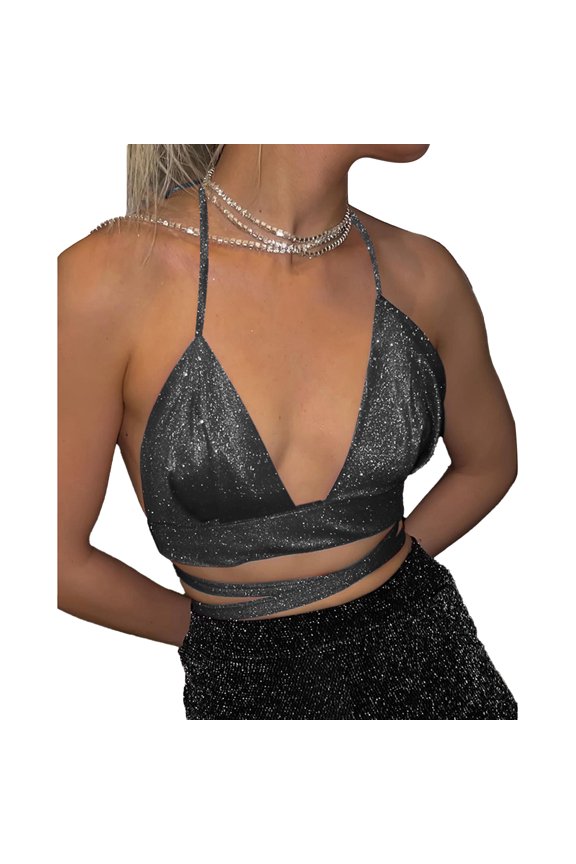Women's Deep V Neck Halter Top, Fashionable Shiny Glitter Criss Cross Triangle Cup Tank Top for Bar Parties - Black, Medium