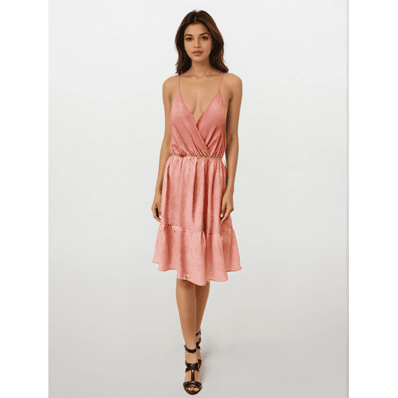 Women's Deep V-Neck Knee Length Dress with Shoulder Tie, Pink, X-Large