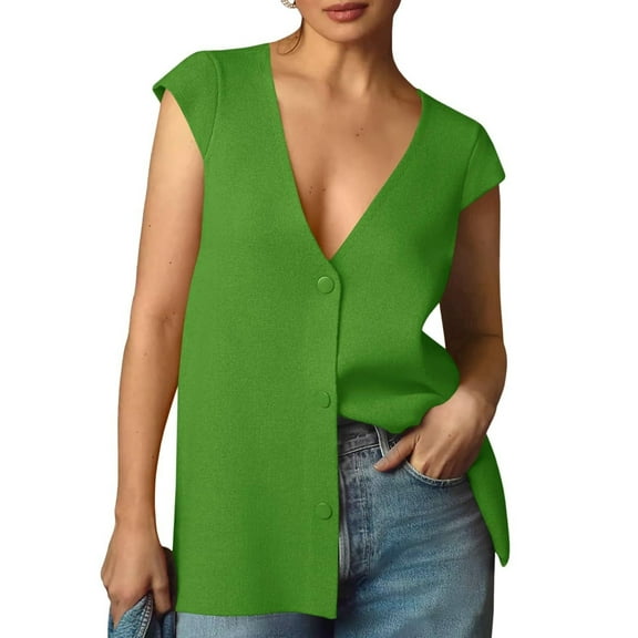 Women's Deep V-Neck Knit Sweater Vest - Sleeveless Button-Up Loose Fit Tops