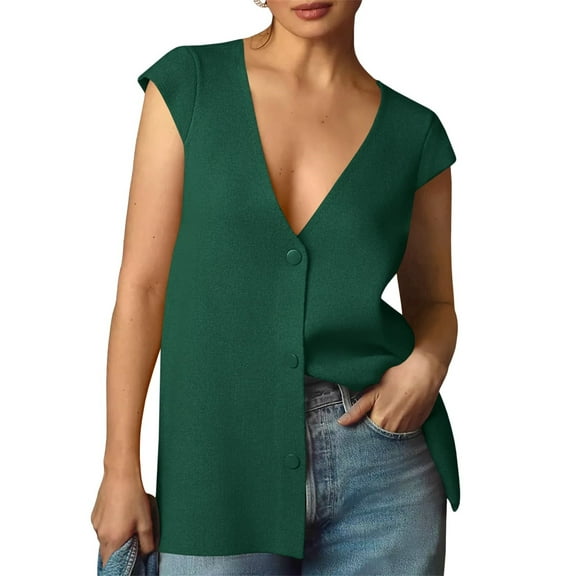 Women's Deep V-Neck Knit Sweater Vest - Sleeveless Button-Up Loose Fit Tops