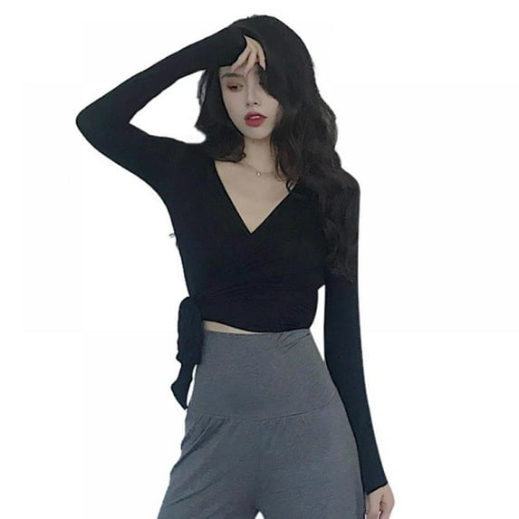 Women's Deep V Neck Knot Front Long Sleeve Wrap Crop Top Tee T-Shirt