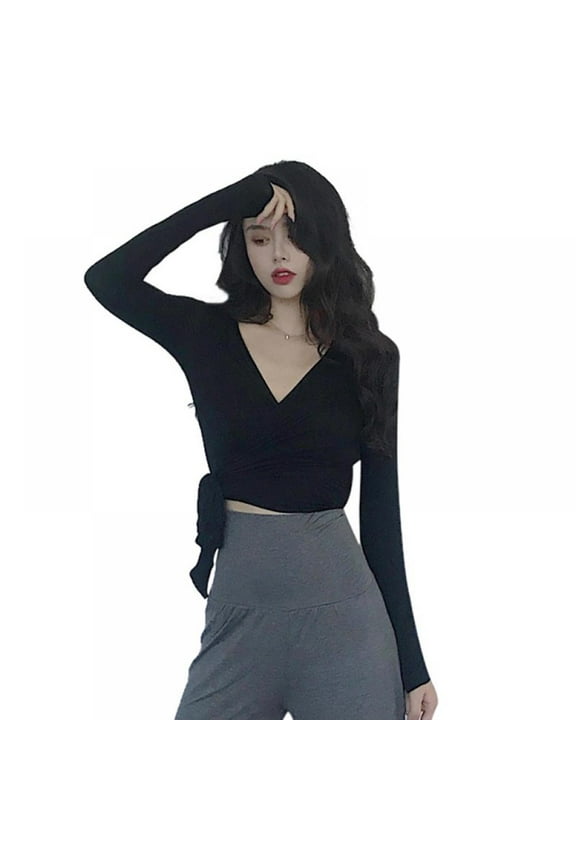 Women's Deep V Neck Knot Front Long Sleeve Wrap Crop Top Tee T-Shirt