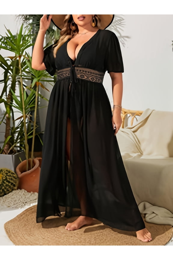 Women's Deep V-Neck Lace Trim Tie Half-Transparent Beach Dress - Lightweight and Machine Washable, Suitable for Summer Vacation, Casual Outings, and Relaxing by the Pool, Exquisite Embroidery Design