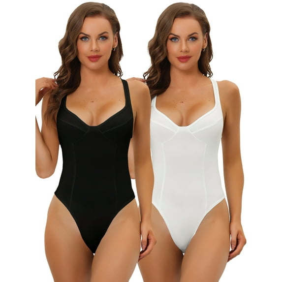 Women's Deep V Neck Leotard Bodysuit Tummy Control Waist Control Shapewear Thong Body Shaper 2 Packs