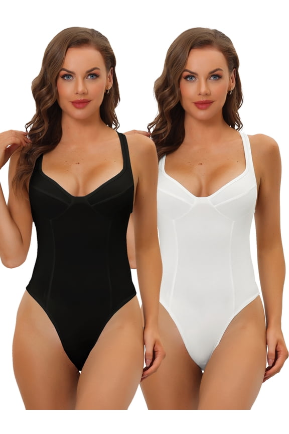 Women's Deep V Neck Leotard Bodysuit Tummy Control Waist Control Shapewear Thong Body Shaper 2 Packs
