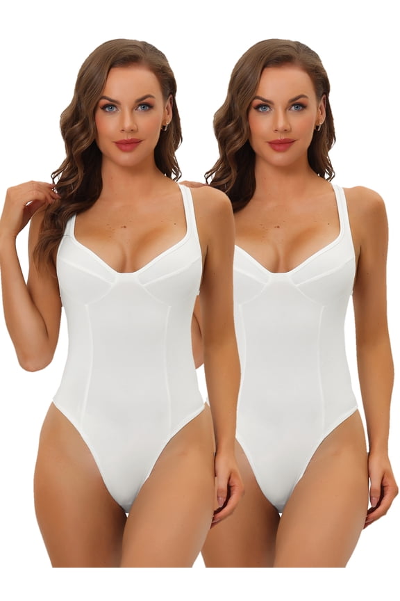 Women's Deep V Neck Leotard Bodysuit Tummy Control Waist Control Shapewear Thong Body Shaper 2 Packs