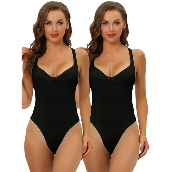 Women's Deep V Neck Leotard Bodysuit Tummy Control Waist Control Shapewear Thong Body Shaper 2 Packs