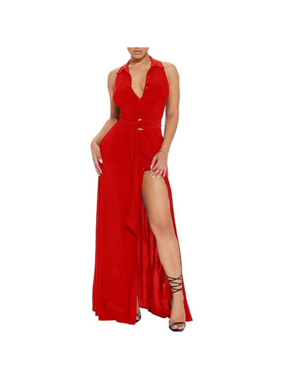 Women's Deep V Neck Long Dresses Sleeveless Collared Button Down High Split Cocktail Wedding Party Maxi Dress
