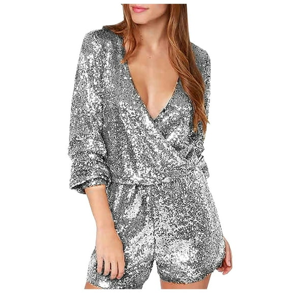 Women's Deep V Neck Long Sleeve Bodycon Dress with Sequins Elegant Slim Fit Party Casual Mini Dress for Night Out