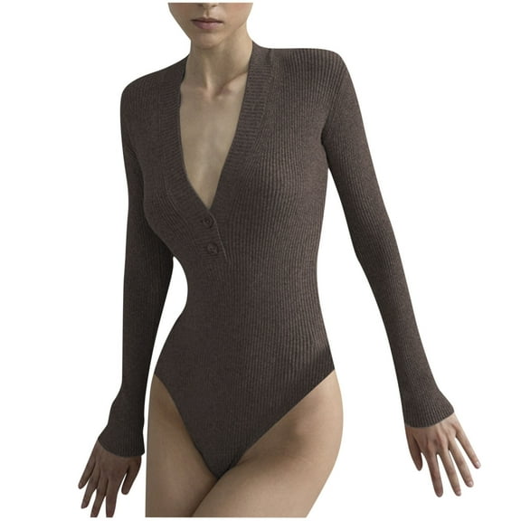 Women's Deep V Neck Long Sleeve Bodysuit Ribbed Slim Fitted Leatord Stretchy Basic Bodysuit Jumpsuit Tops for Women