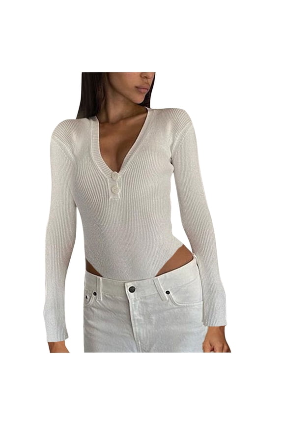 Women's Deep V Neck Long Sleeve Bodysuit Ribbed Slim Fitted Leatord Stretchy Basic Bodysuit Jumpsuit Tops for Women