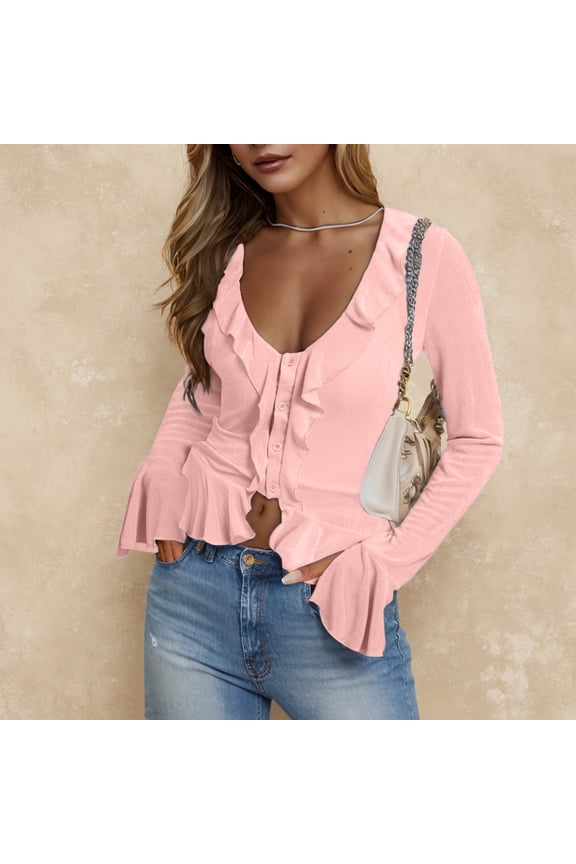 Women's Deep V Neck Long Sleeve Button Down Ruffle Crop Shirt Top Blouses T Shirt Tops Workout Clothes Women plus Size Summer Tops Juniors Dress Tops plus Size Womens 2x Tops Wide Strap Tops for Women