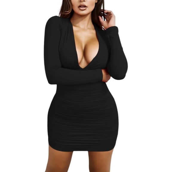 Womens Deep V Neck Long Sleeve Going Out Bodycon Mini Dresses Sexy Party Costumes Valentine's Day Outfits