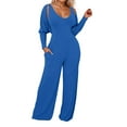 thumbnail image 1 of Women's Deep V Neck Long Sleeve Jumpsuit - High Stretch Ribbed Polyester for Casual/Outdoor Wear, 1 of 8