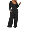 thumbnail image 1 of Women's Deep V Neck Long Sleeve Jumpsuit - High Stretch Ribbed Polyester for Casual/Outdoor Wear, 1 of 8