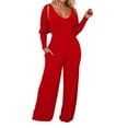thumbnail image 1 of Women's Deep V Neck Long Sleeve Jumpsuit - High Stretch Ribbed Polyester for Casual/Outdoor Wear, 1 of 7
