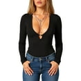 thumbnail image 1 of Women's Deep V-Neck Long Sleeve Top with Lace Hollow Out Detail, Sexy Fashion Fitted Blouse, Basic Tee,Black,Size XL, 1 of 4
